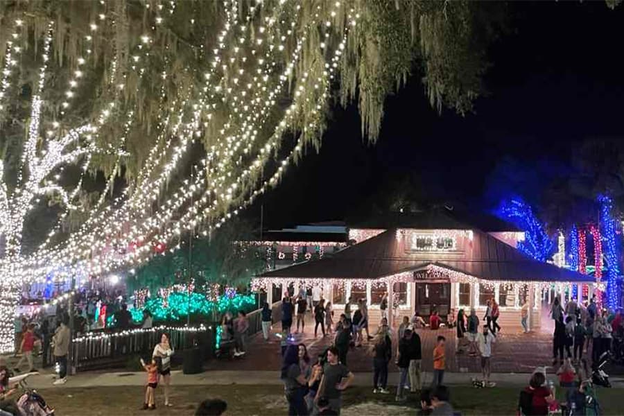 A festive gathering at night illuminated by colorful string lights.